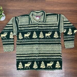 Vintage 90s Womens Fair Isle Moose Christmas Fleece Shirt Jacket Shacket Medium